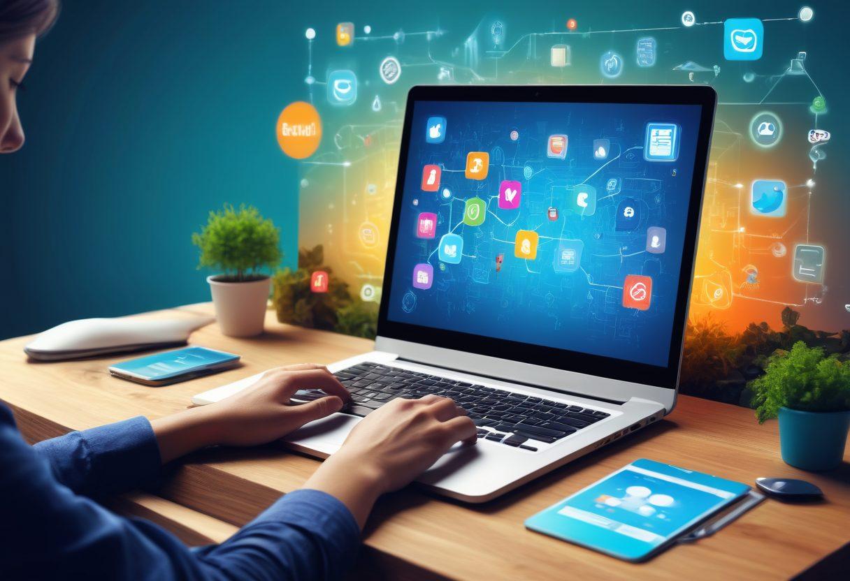 A visual representation of a person sitting at a desk, actively typing on a laptop with a vibrant digital map overlay showcasing various online blogging platforms and social media icons. Surrounding them are floating icons of strategies like analytics, engagement, and creativity, symbolizing effective online blogging. The background features a blend of technology and nature, illustrating the balance of digital and real-world inspiration. super-realistic. vibrant colors. 3D.