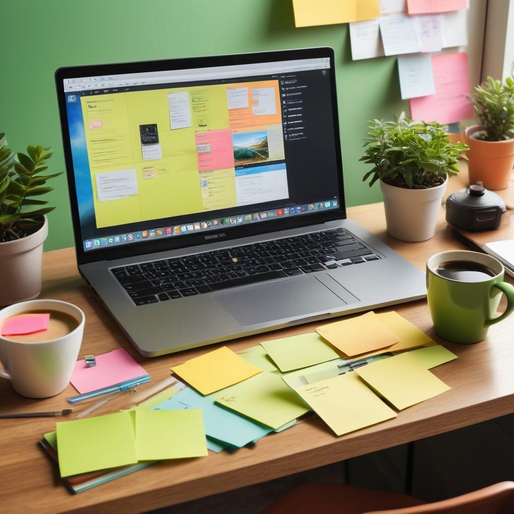 A visually striking desk setup featuring a laptop open to a blog editing screen, surrounded by colorful post-it notes with tips and strategies, a steaming coffee cup, and a plant for a touch of greenery. The background has digital elements like icons of social media and analytics, illustrating the digital age. Soft lighting enhances the creative atmosphere. vibrant colors. super-realistic.