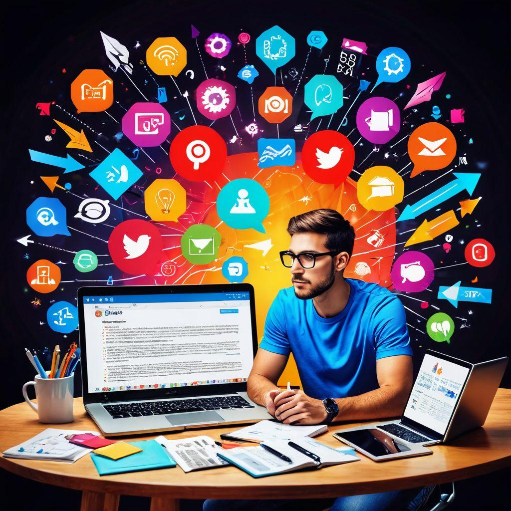 A person sitting at a desk covered with gadgets and notes on SEO techniques and social media strategies. The background shows a vibrant blend of social media icons morphing into upward arrows symbolizing growth. A laptop displays a blog dashboard, while light bursts from the screen to signify knowledge and inspiration. Bright colors and a sense of dynamic energy envelop the scene. super-realistic. vibrant colors. digital art.